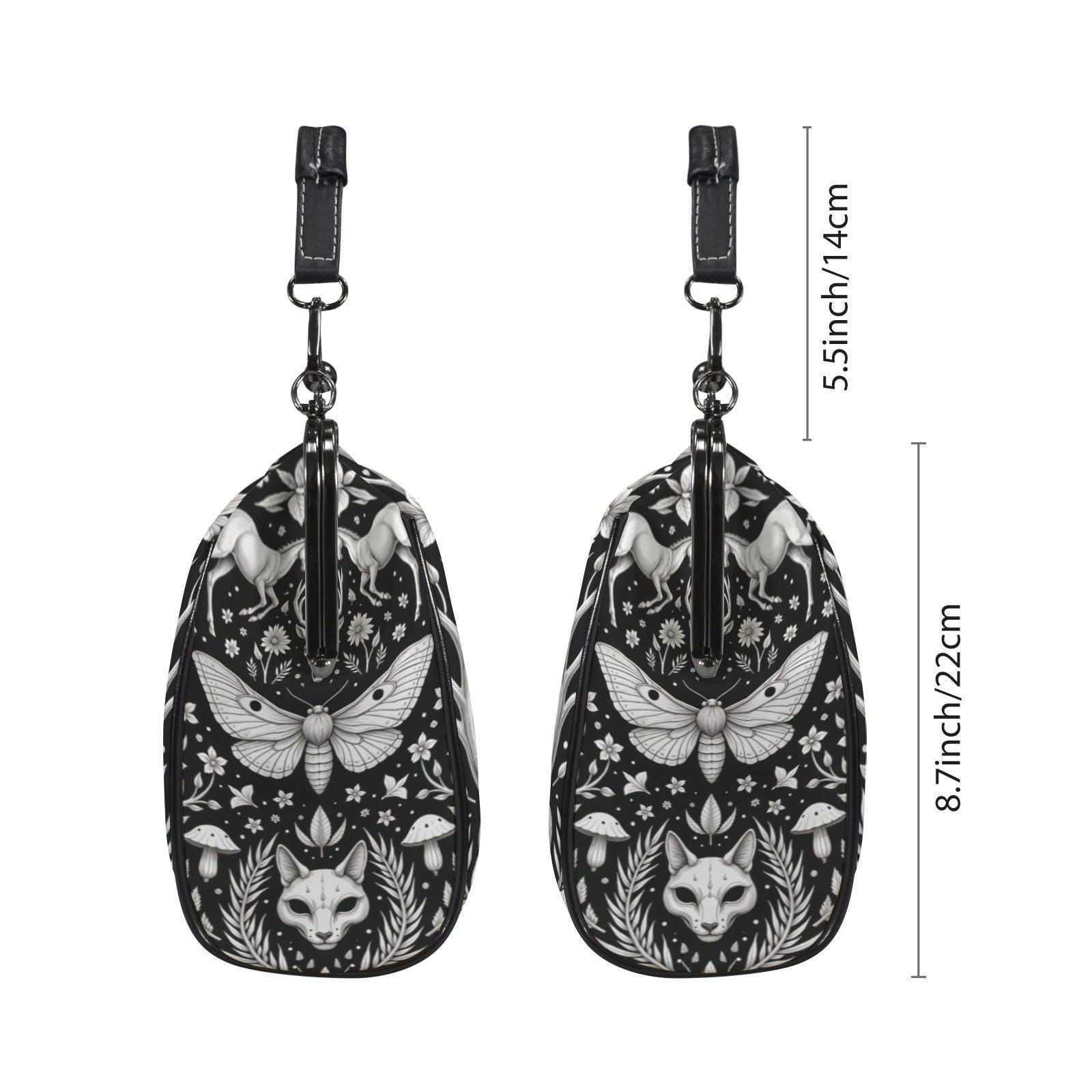Gothic Skull Moth Print Frame Bag, Witchy Top Handle Purse, Occult Botanical Tote