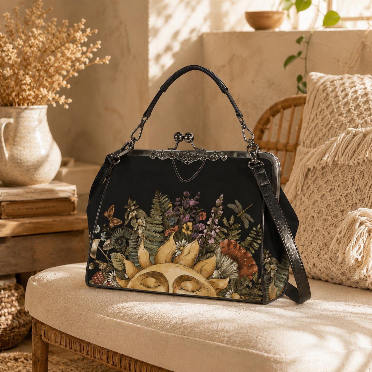 Kiss Lock Purse, Dark Cottagecore Handbag, Sun Botanical Frame Bag