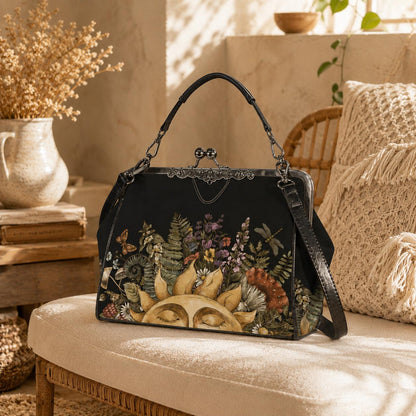 Kiss Lock Purse, Dark Cottagecore Handbag, Sun Botanical Frame Bag