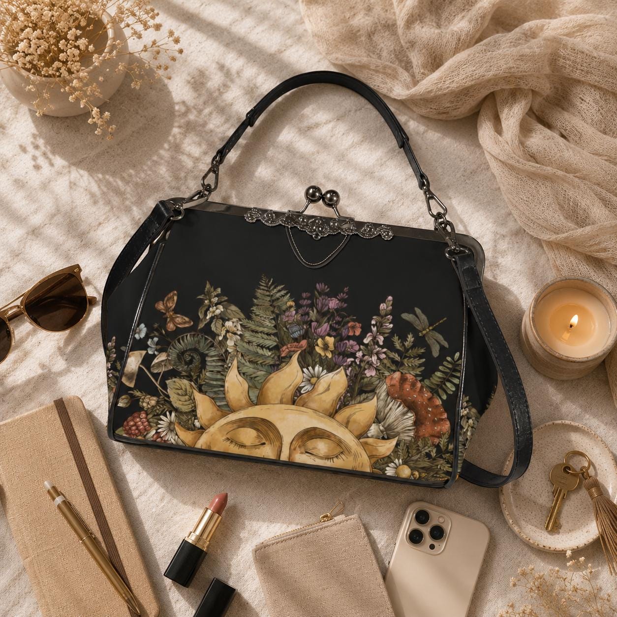 Kiss Lock Purse, Dark Cottagecore Handbag, Sun Botanical Frame Bag