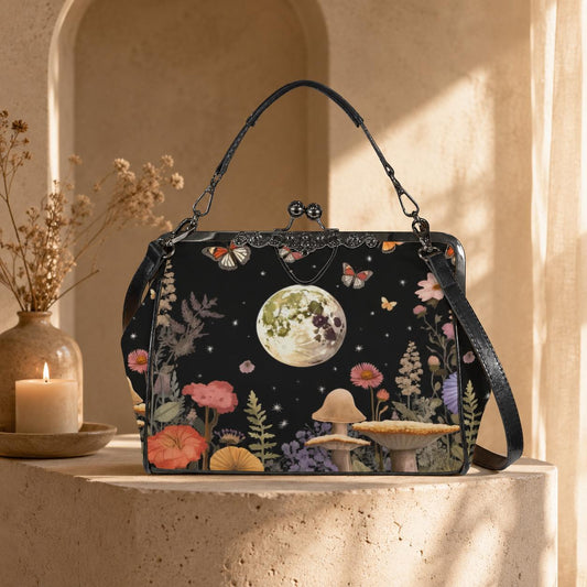 Moon Garden Kisslock Bag, Cottagecore Mushroom Fairy Purse, Enchanted Night Garden Handbag