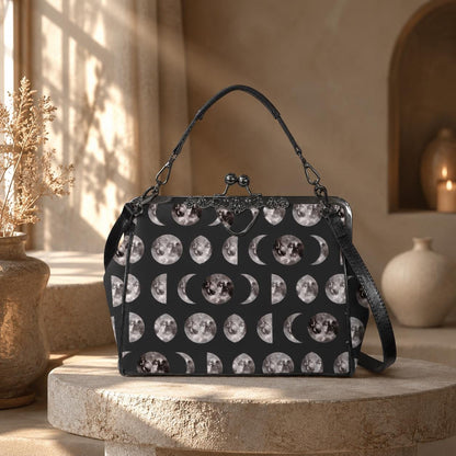Moon Phase Kiss Lock Bag, Celestial Gothic Purse, Witchy Shoulder Handbag