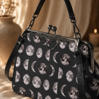 Moon Phase Kiss Lock Bag, Celestial Gothic Purse, Witchy Shoulder Handbag