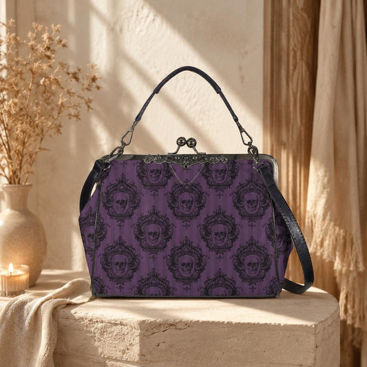 Purple Skull Cameo Kiss Lock Bag, Victorian Frame Handbag, Gothic Evening Purse