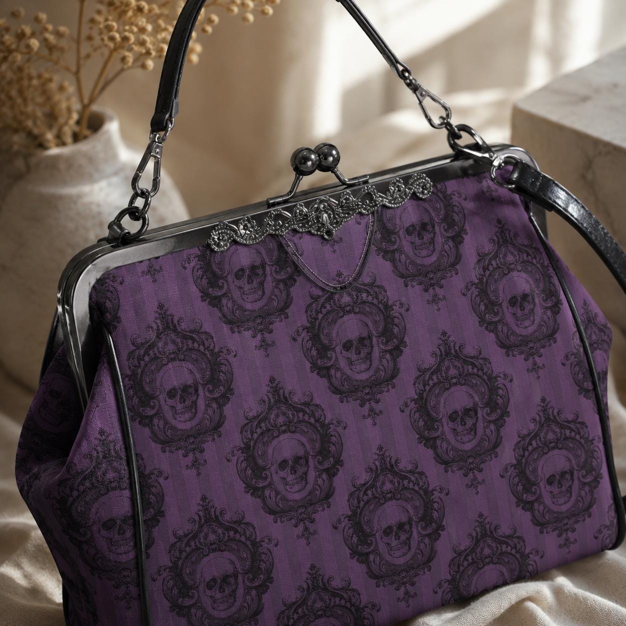 Purple Skull Cameo Kiss Lock Bag, Victorian Frame Handbag, Gothic Evening Purse
