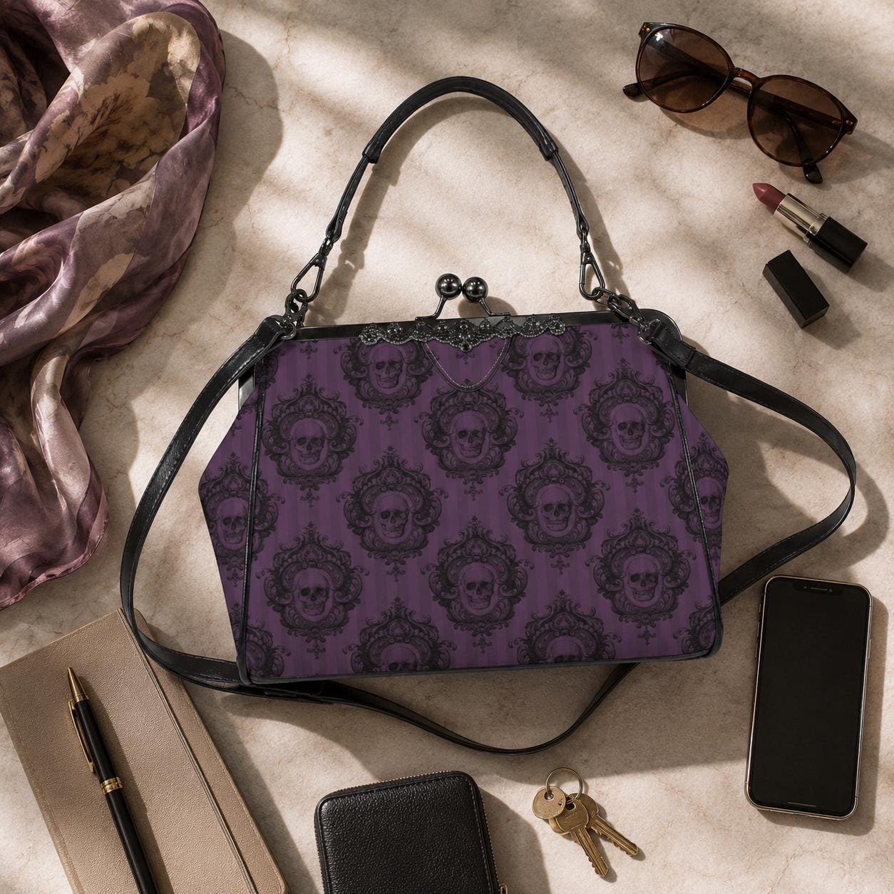 Purple Skull Cameo Kiss Lock Bag, Victorian Frame Handbag, Gothic Evening Purse