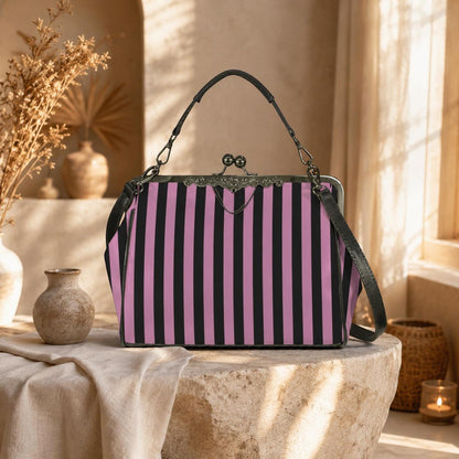 Pink and Black Stripe Vintage Handbag, Carnival Witchy Satchel, Retro Festival Bag