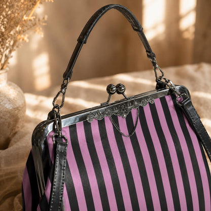 Pink and Black Stripe Vintage Handbag, Carnival Witchy Satchel, Retro Festival Bag