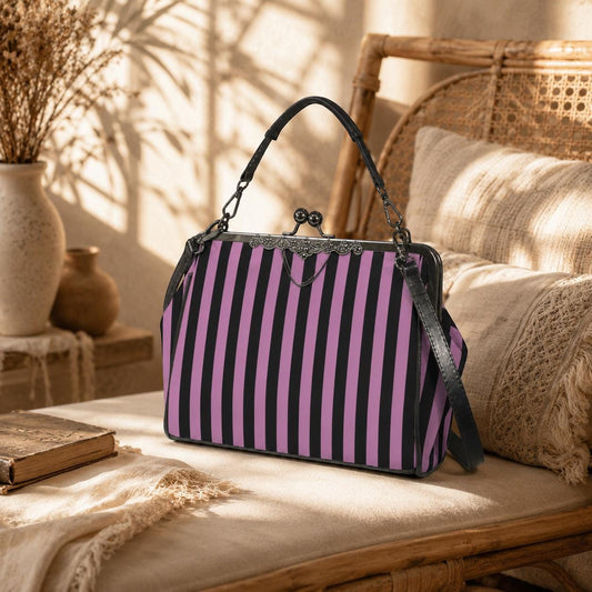 Pink and Black Stripe Vintage Handbag, Carnival Witchy Satchel, Retro Festival Bag