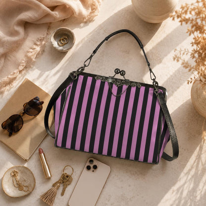 Pink and Black Stripe Vintage Handbag, Carnival Witchy Satchel, Retro Festival Bag
