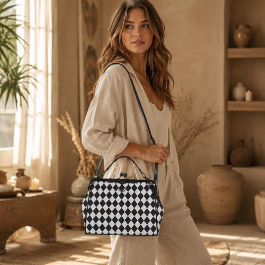 Harlequin Diamond Kisslock Handbag, Black White Frame Purse, Retro Wonderland Top Handle Bag