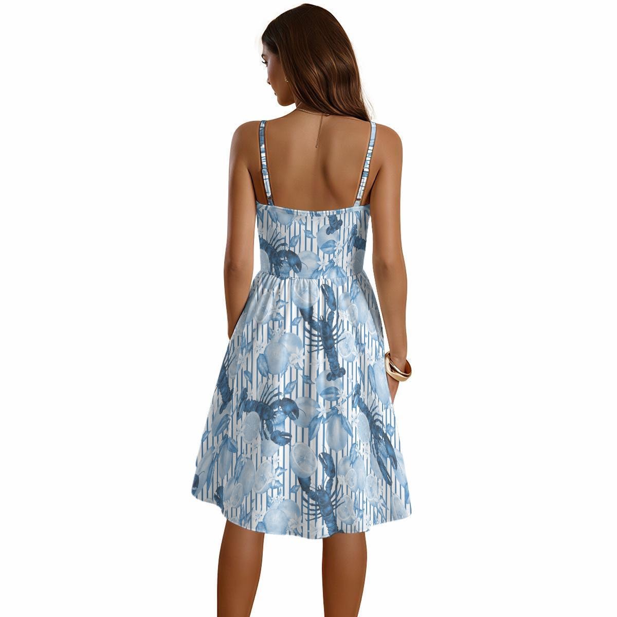 Blue Lobster Palm Sundress, Tropical Seafood Print, Strappy Sweetheart Coastal Vacation Dress