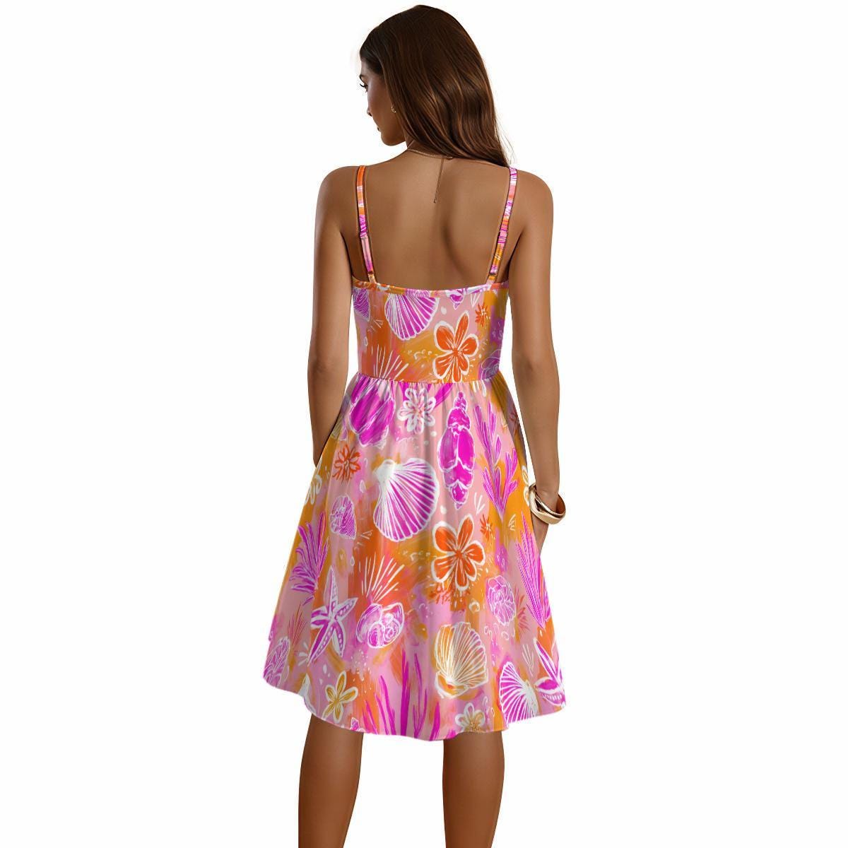 Tropical Shell Sundress, Pink Orange Beach Vacation Dress, Sweetheart Strappy Summer A-Line