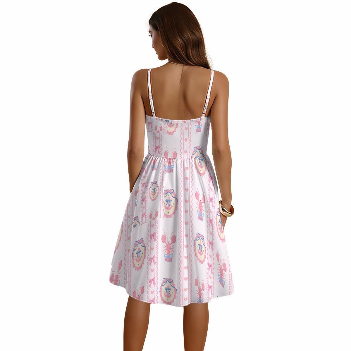 Pink Lobster Sundress, Sweetheart Neckline, A-Line Skirt, Coastal Summer Vacation Dress