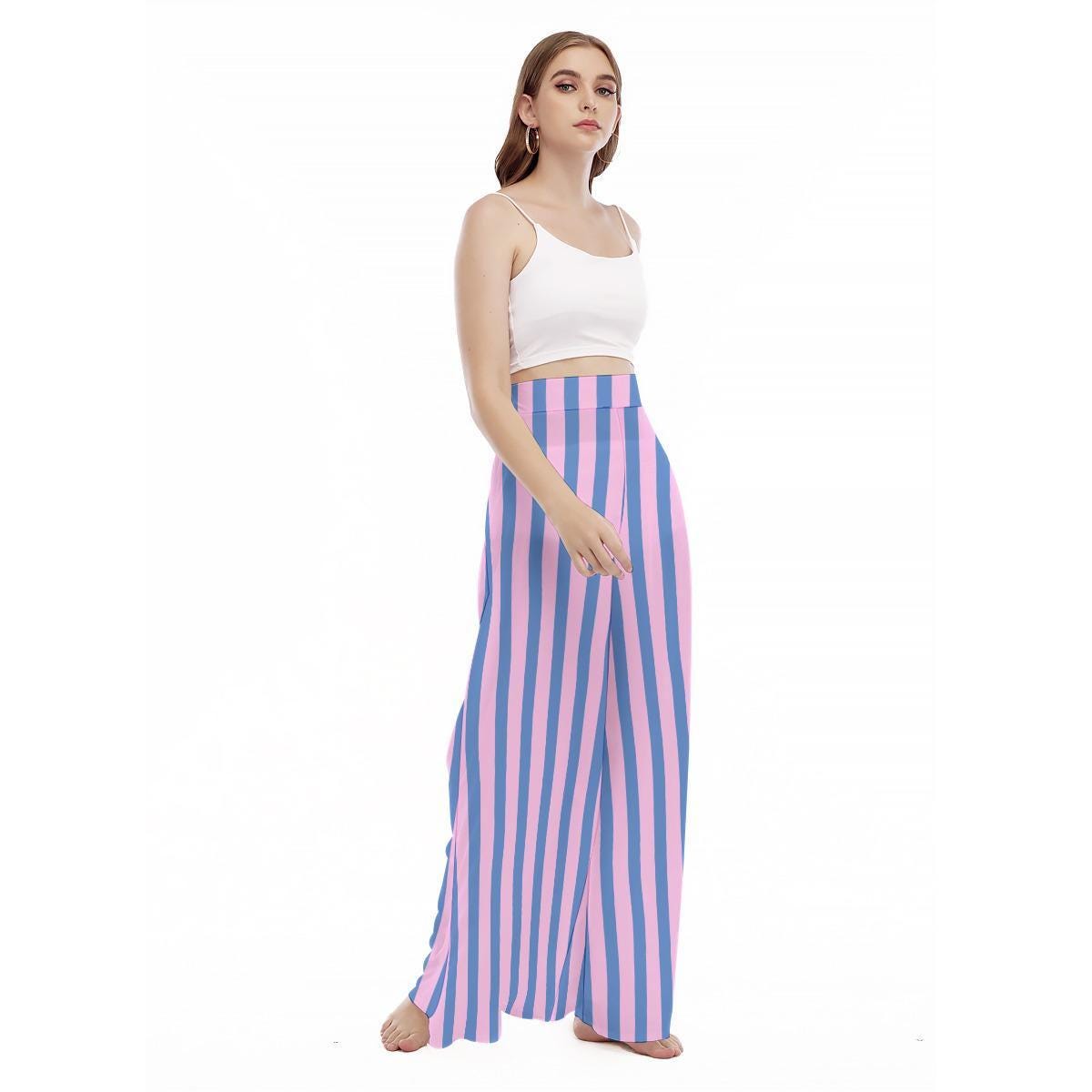 Pink Blue Striped Wide Leg Pants, Pastel High Waist Trousers, Summer Vacation Fashion