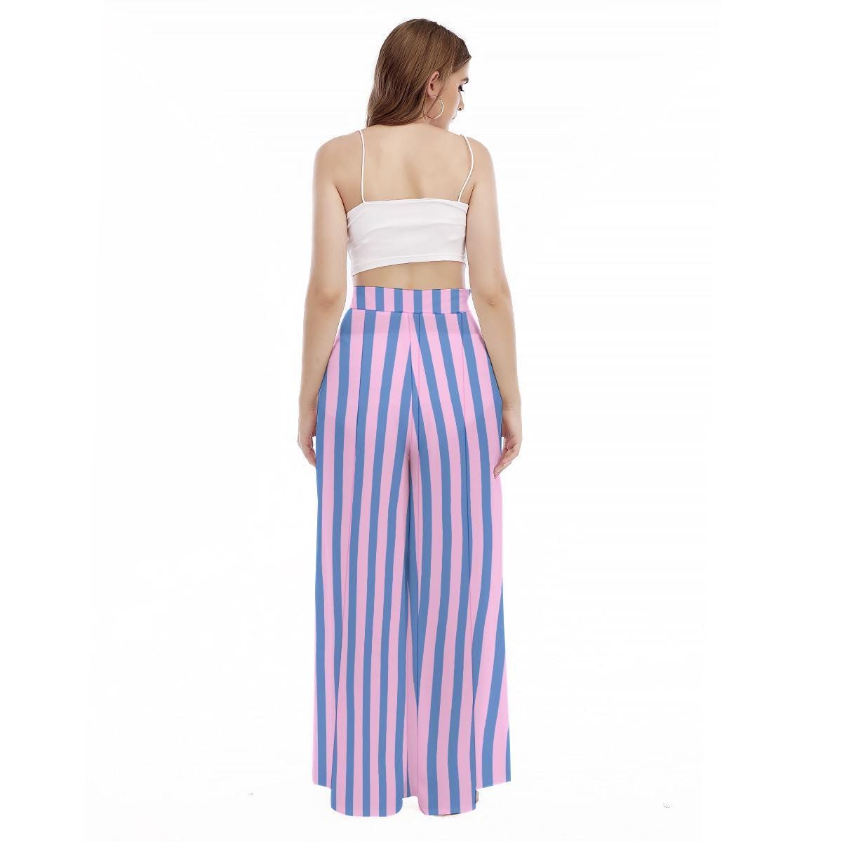 Pink Blue Striped Wide Leg Pants, Pastel High Waist Trousers, Summer Vacation Fashion
