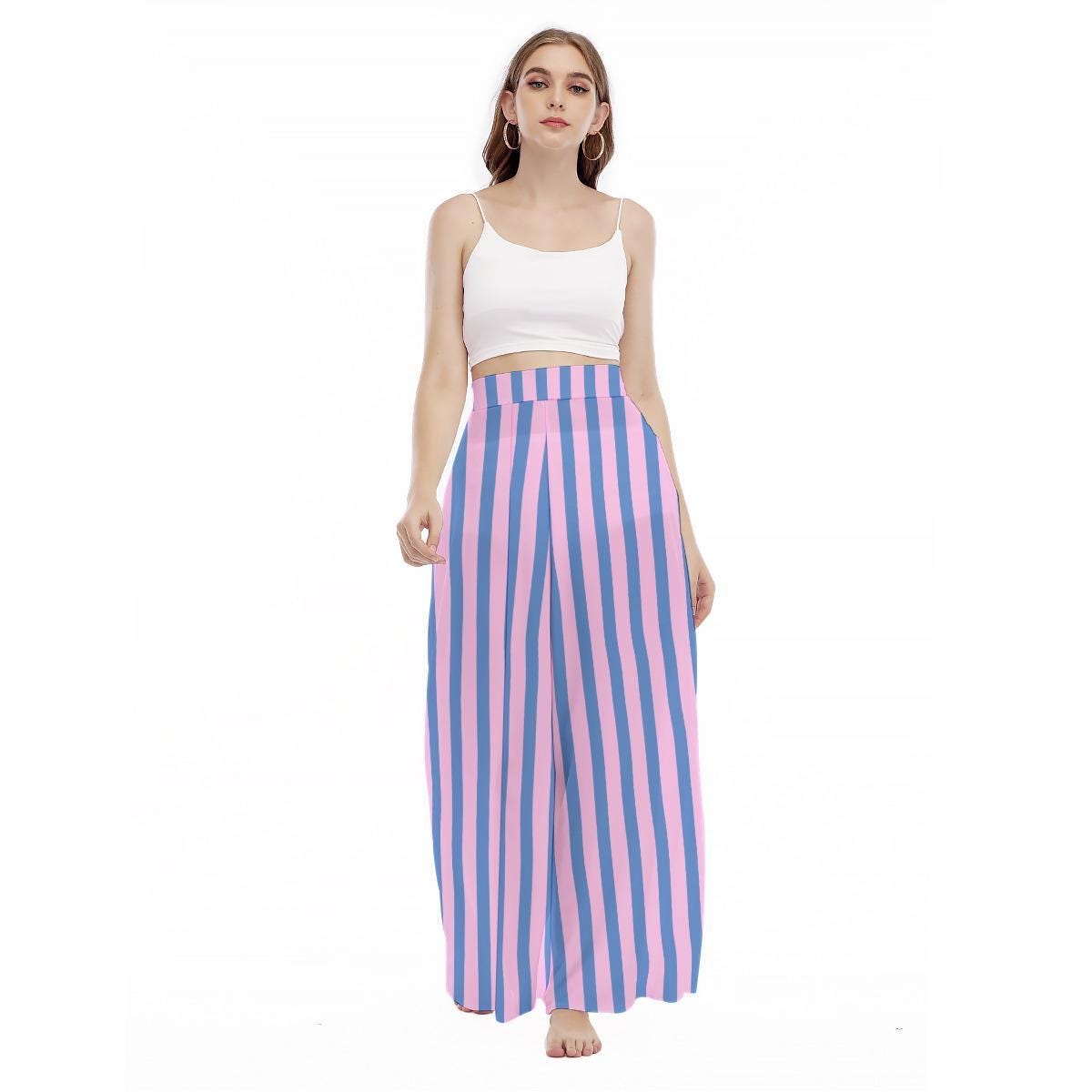 Pink Blue Striped Wide Leg Pants, Pastel High Waist Trousers, Summer Vacation Fashion