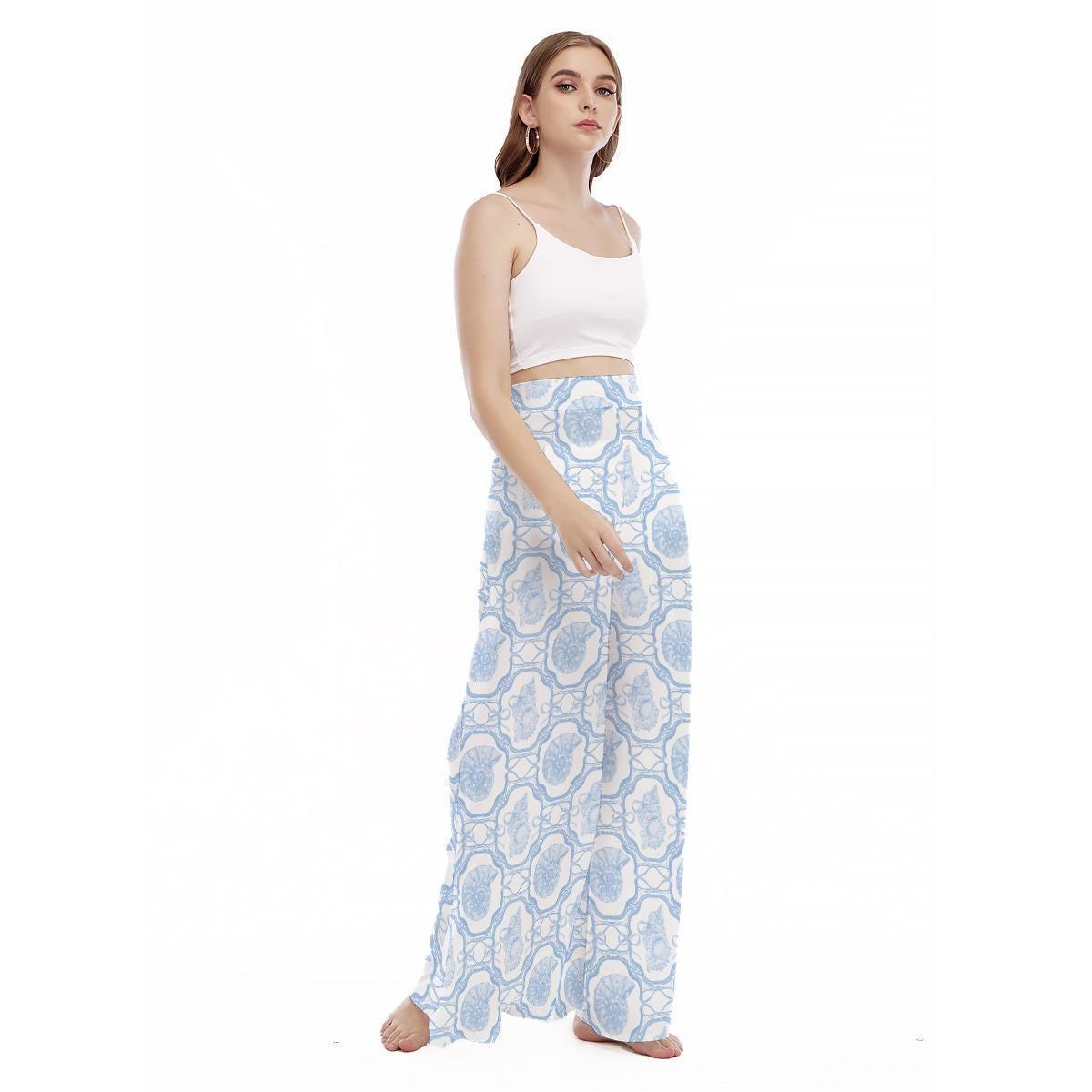 Blue Porcelain Print Wide Leg Pants, Flowy Seaside Resort Trousers