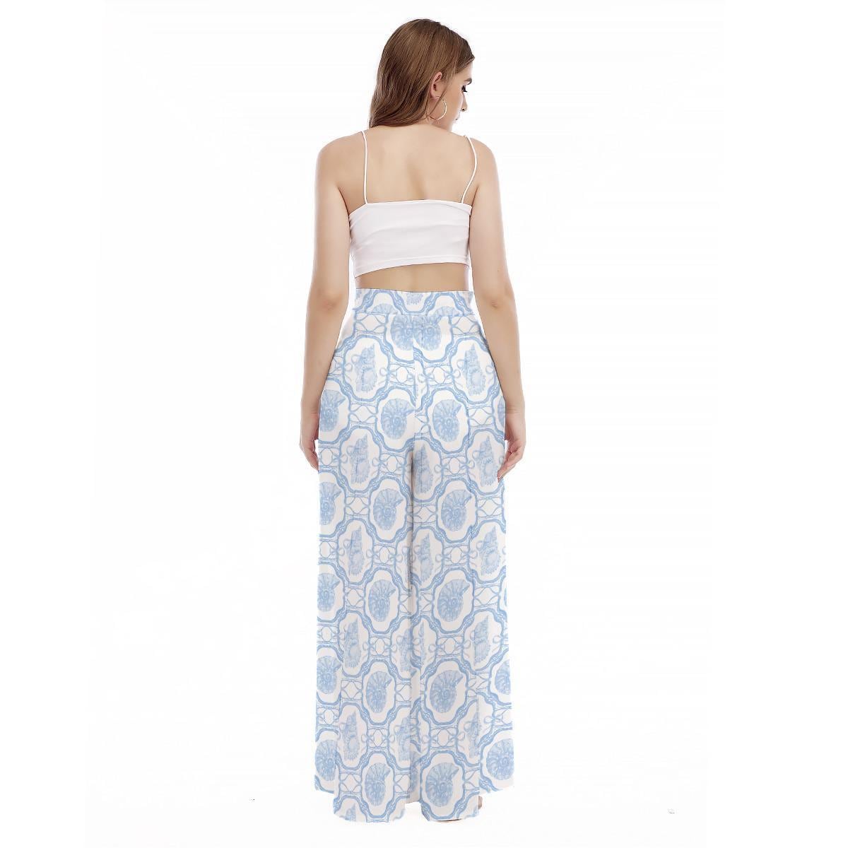 Blue Porcelain Print Wide Leg Pants, Flowy Seaside Resort Trousers