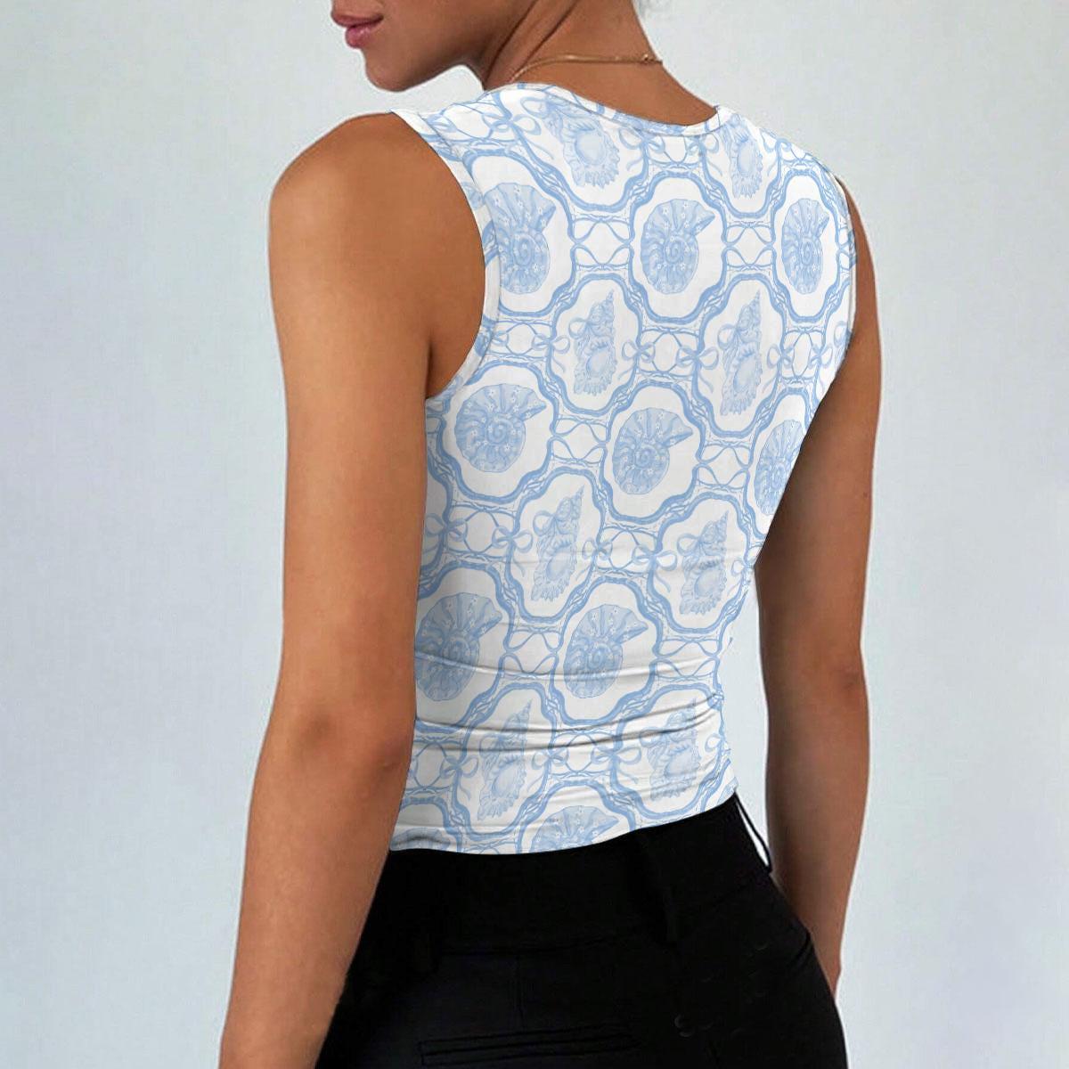Blue Seashell Print Crop Tank, Porcelain Tile Square Neck Top