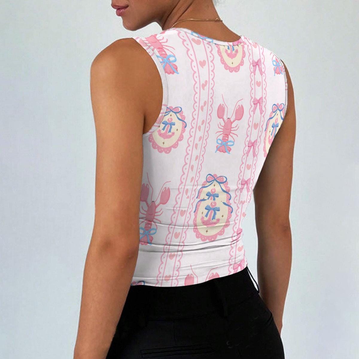 Pink Lobster Print Crop Tank Top, Coquette Bows, Square Neck Summer Beach Top