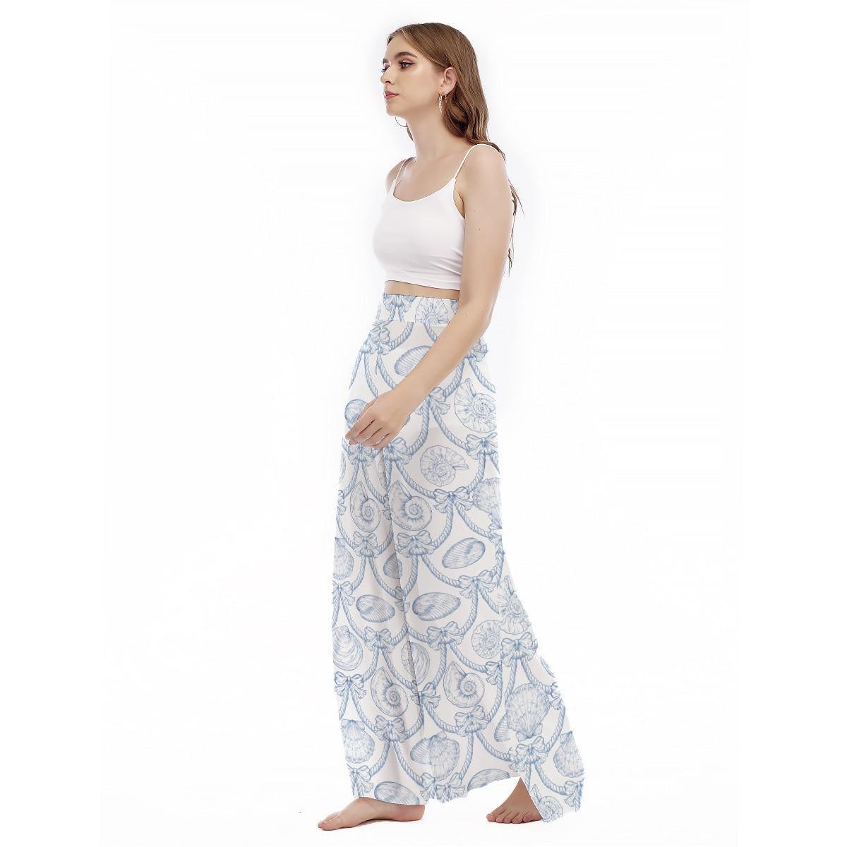 Nautical Seashell Wide Leg Pants, Blue Rope Coastal Resort Trousers