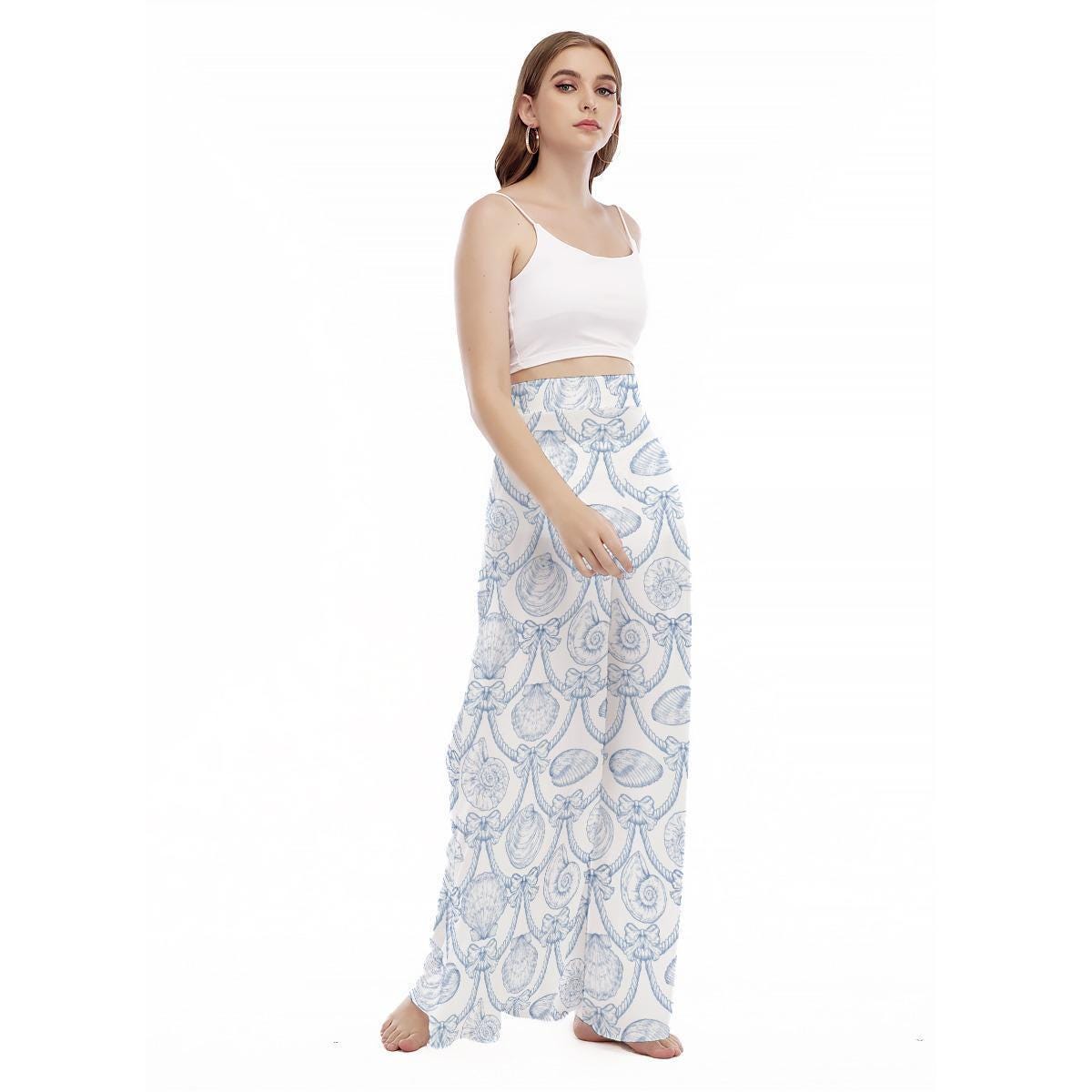 Nautical Seashell Wide Leg Pants, Blue Rope Coastal Resort Trousers