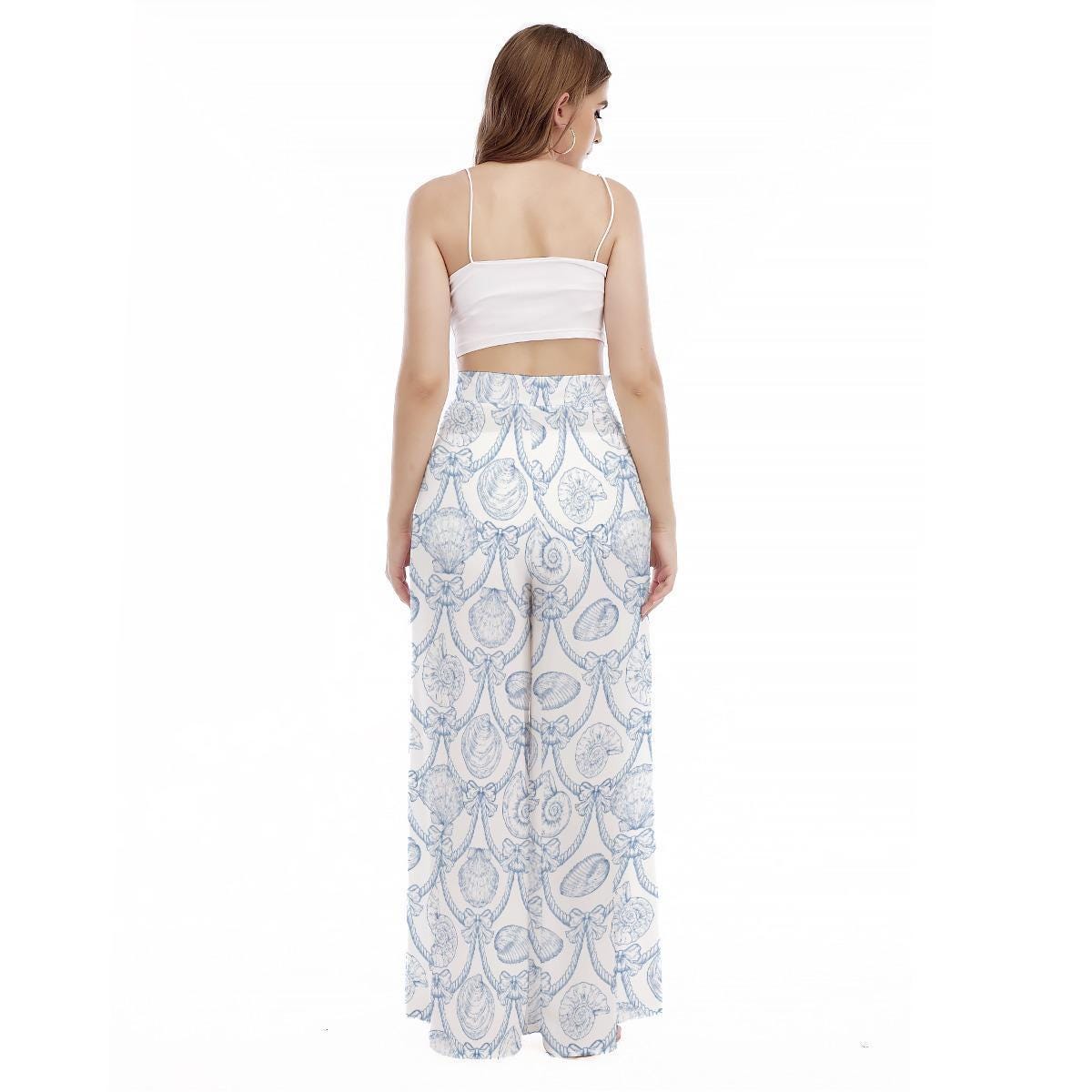 Nautical Seashell Wide Leg Pants, Blue Rope Coastal Resort Trousers