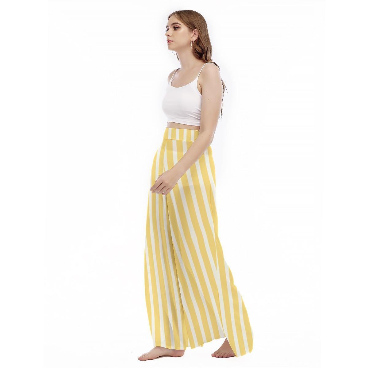 Yellow Stripe Wide Leg Pants, High Waist Resort Trousers, Coastal Summer Lounge Wear