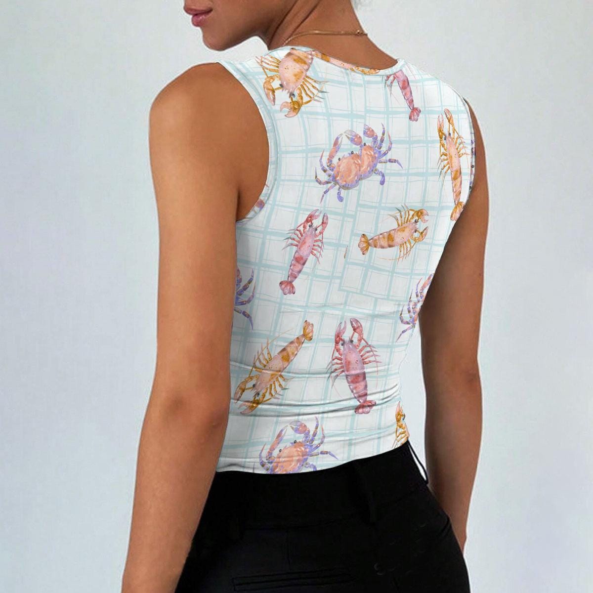 Crab Print Cami Top, Coastal Square Neck Crop Tank, Blue Seafood Summer Beach Shirt