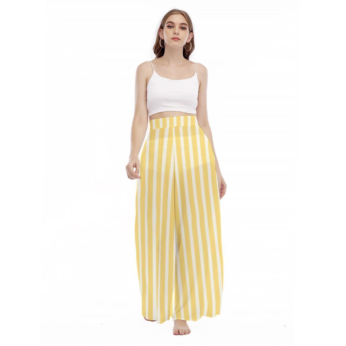 Yellow Stripe Wide Leg Pants, High Waist Resort Trousers, Coastal Summer Lounge Wear