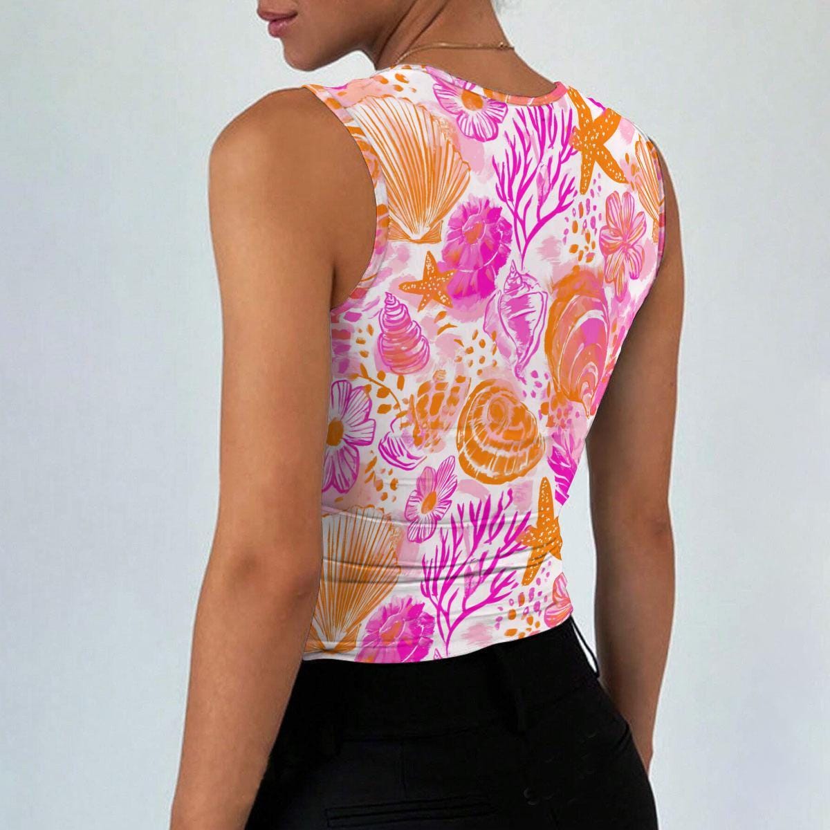 Pink Shell Crop Tank Top, Square Neck Tropical Cami, Y2K Summer Vacation Shirt