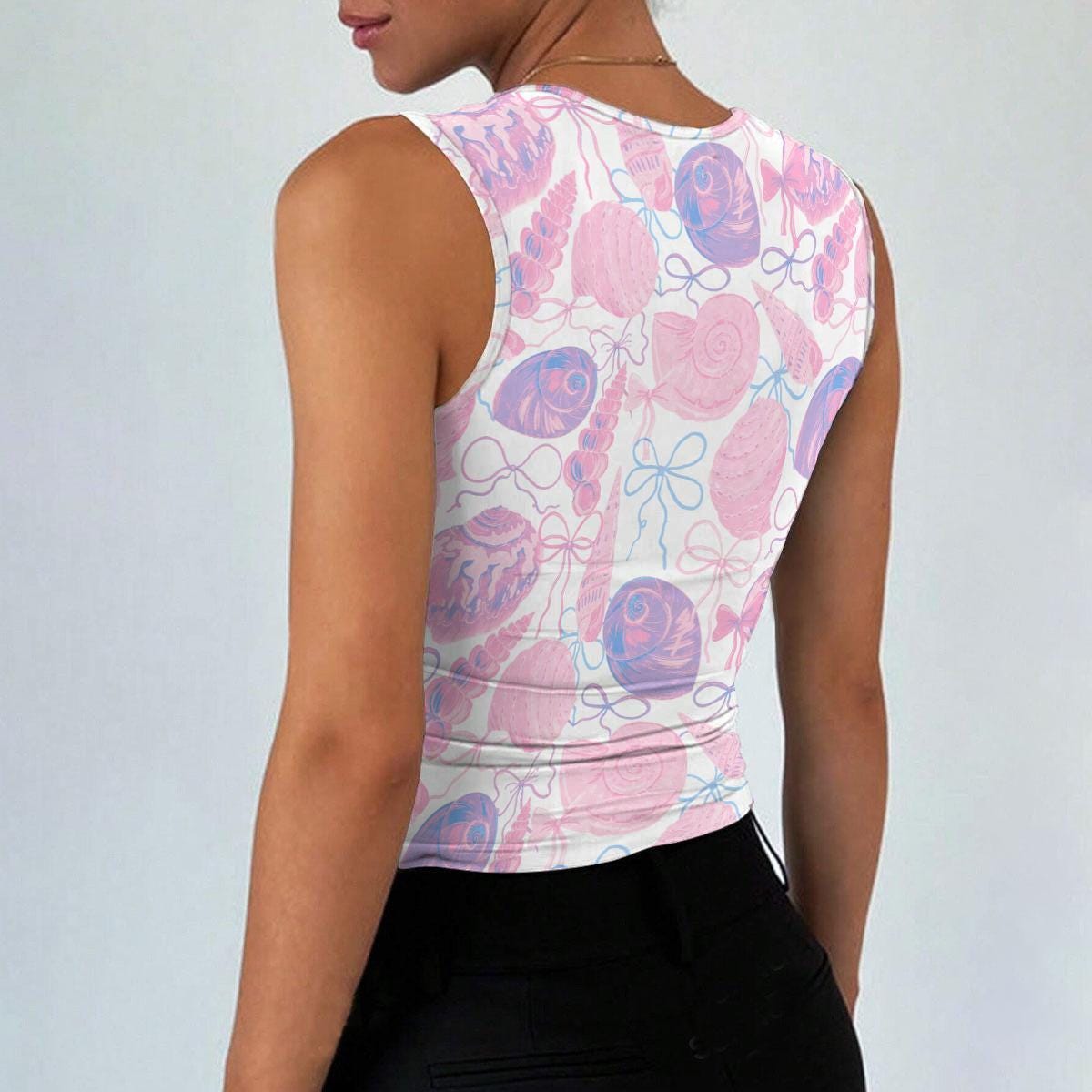 Pink Seashell Crop Top, Bow Ocean Print, Square Neck Cami, Coastal Summer Beach Shirt