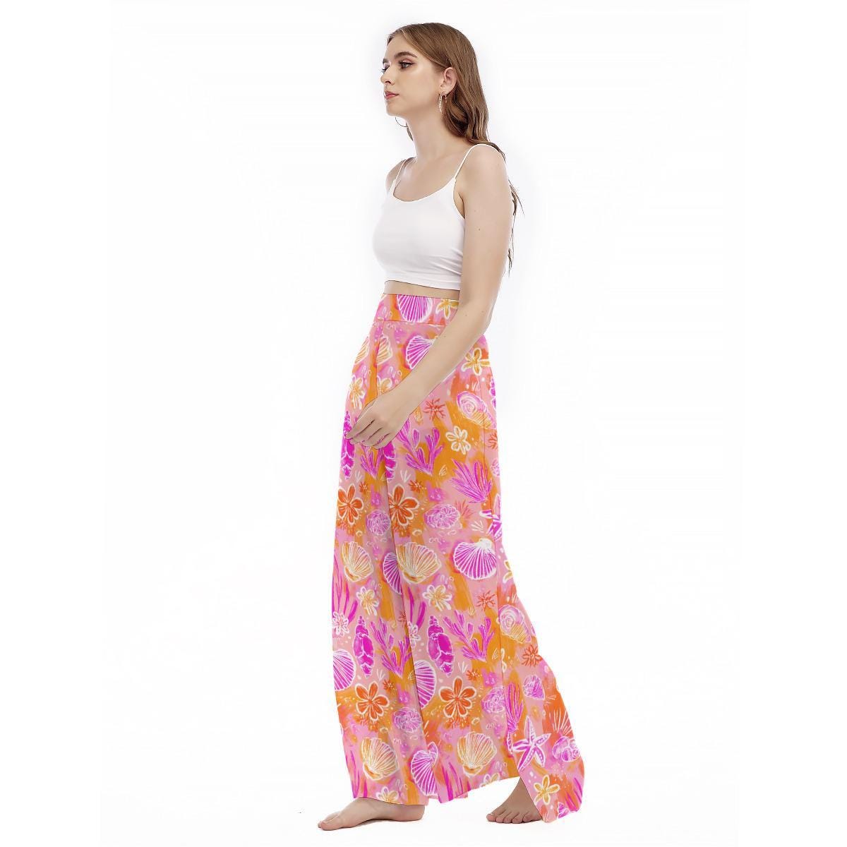 Pink Shell Wide Leg Pants, Tropical Coral Reef Beach Loungewear, Summer Vacation Bottoms