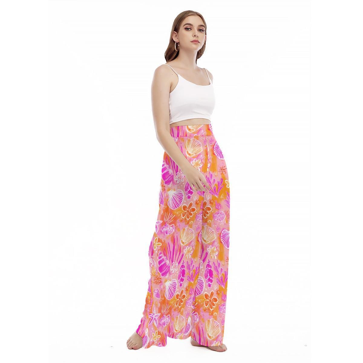Pink Shell Wide Leg Pants, Tropical Coral Reef Beach Loungewear, Summer Vacation Bottoms