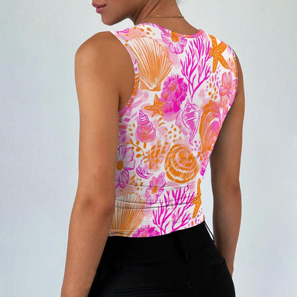 Coral Reef Tank Top, Pink Shell Print Cami, Square Neck Summer Shirt