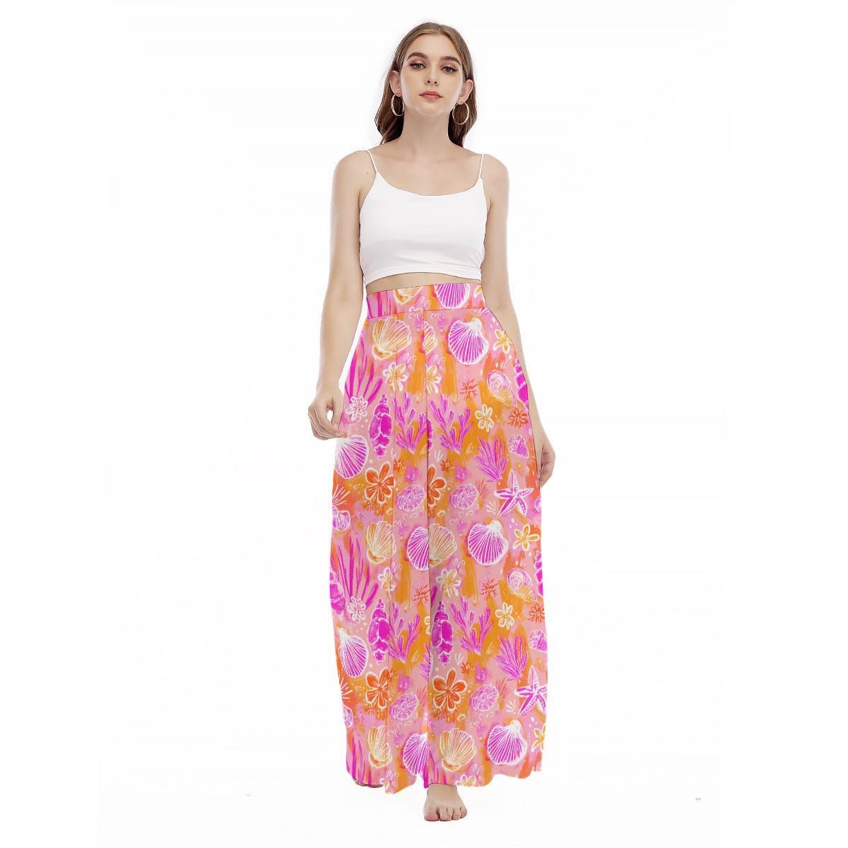 Pink Shell Wide Leg Pants, Tropical Coral Reef Beach Loungewear, Summer Vacation Bottoms