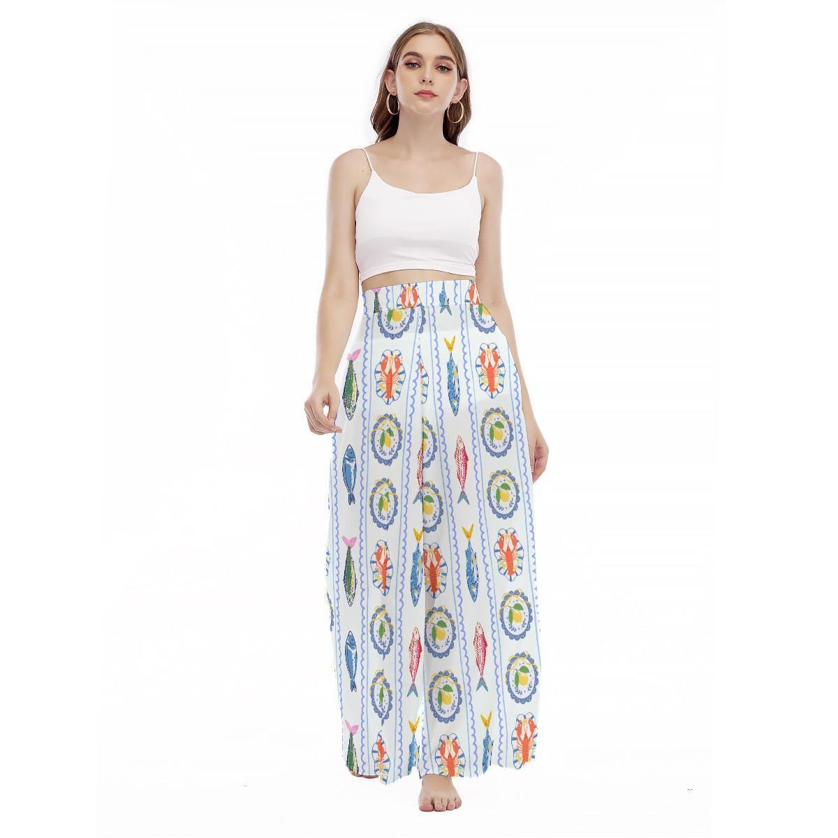 Seafood Print Wide Leg Pants, Coastal Crab Lobster Beach, High Waist Vacation Lounge Pants