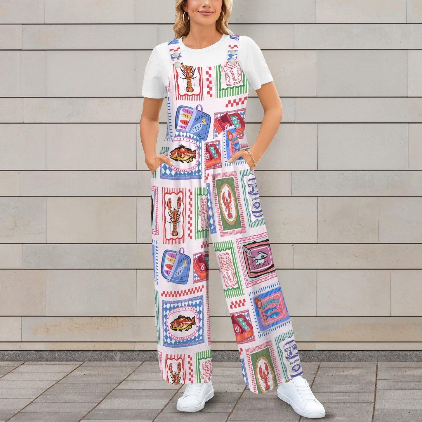 Sardine Tin Jumpsuit, Lobster Fish Print Wide Leg Overalls, Coastal Maximalist Clothing