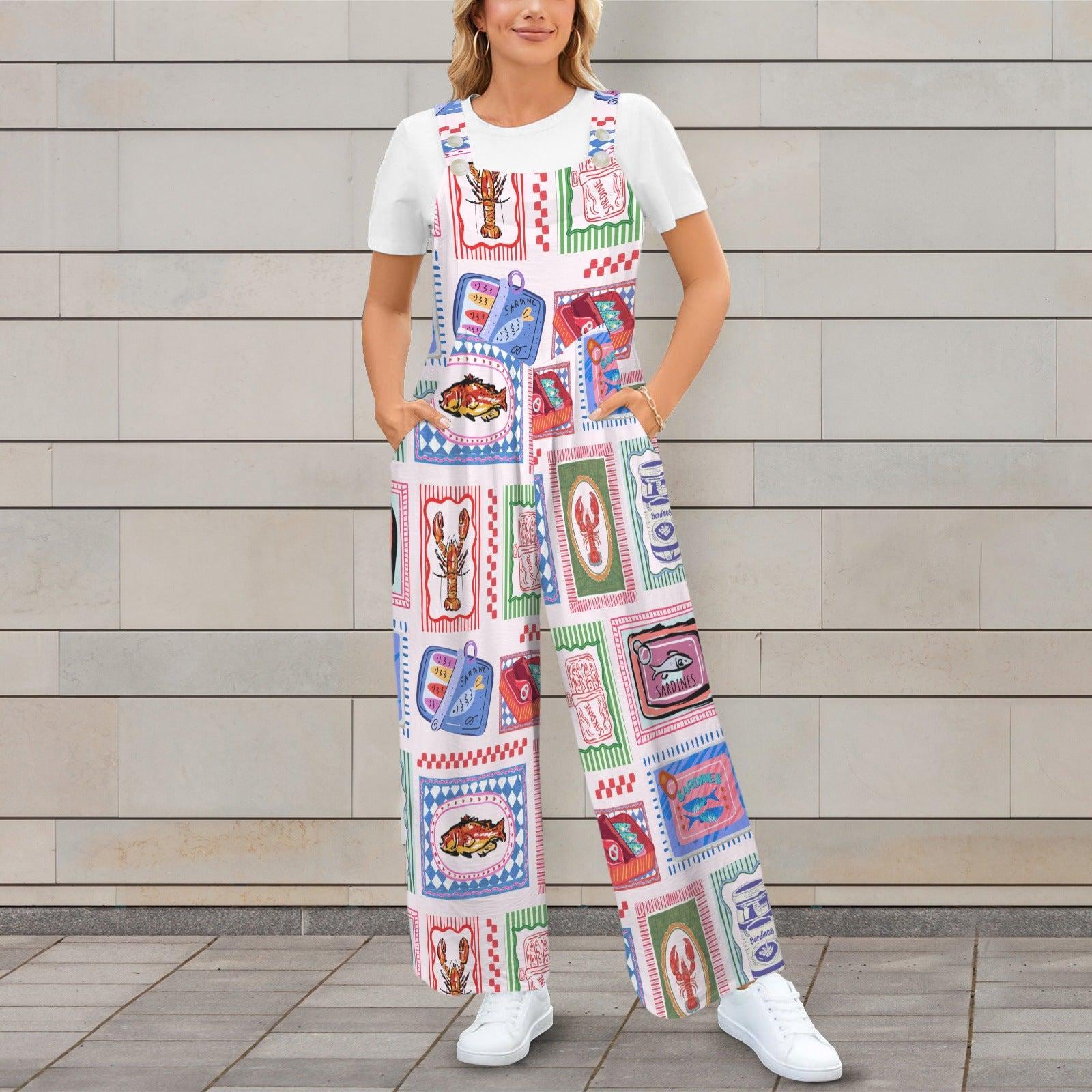 Sardine Tin Jumpsuit, Lobster Fish Print Wide Leg Overalls, Coastal Maximalist Clothing