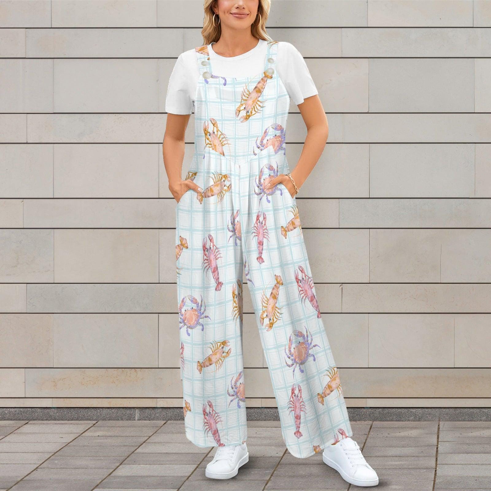 Crab Lobster Overalls, Pastel Seafood Plaid Wide Leg Romper