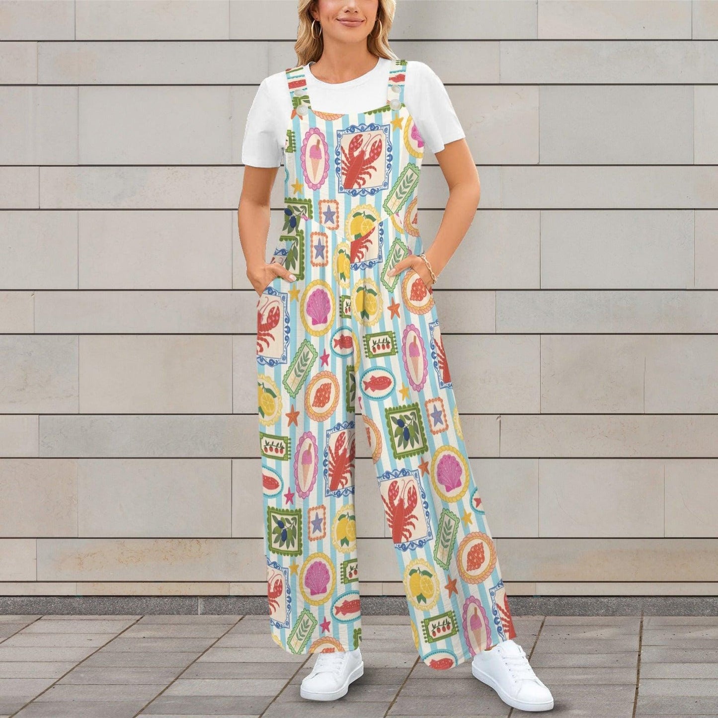 Seafood Stamp Wide Leg Jumpsuit, Colorful Coastal Vacation Romper, Lobster Lemon Shell Print