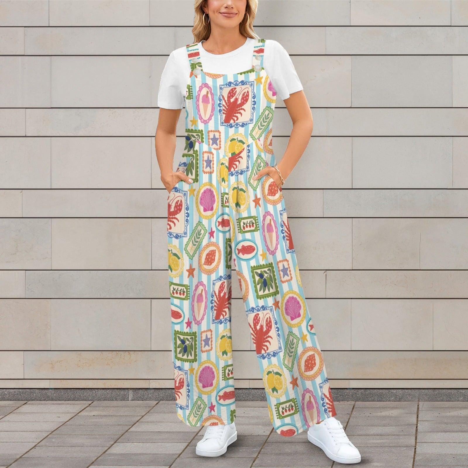 Seafood Stamp Wide Leg Jumpsuit, Colorful Coastal Vacation Romper, Lobster Lemon Shell Print