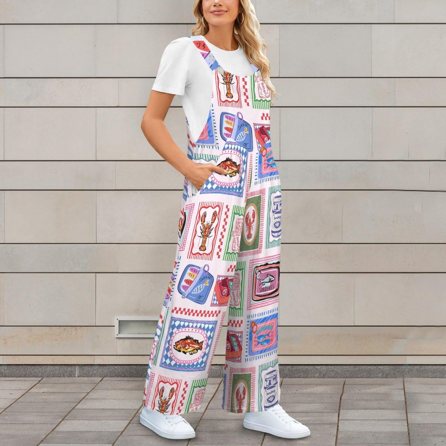 Sardine Tin Jumpsuit, Lobster Fish Print Wide Leg Overalls, Coastal Maximalist Clothing