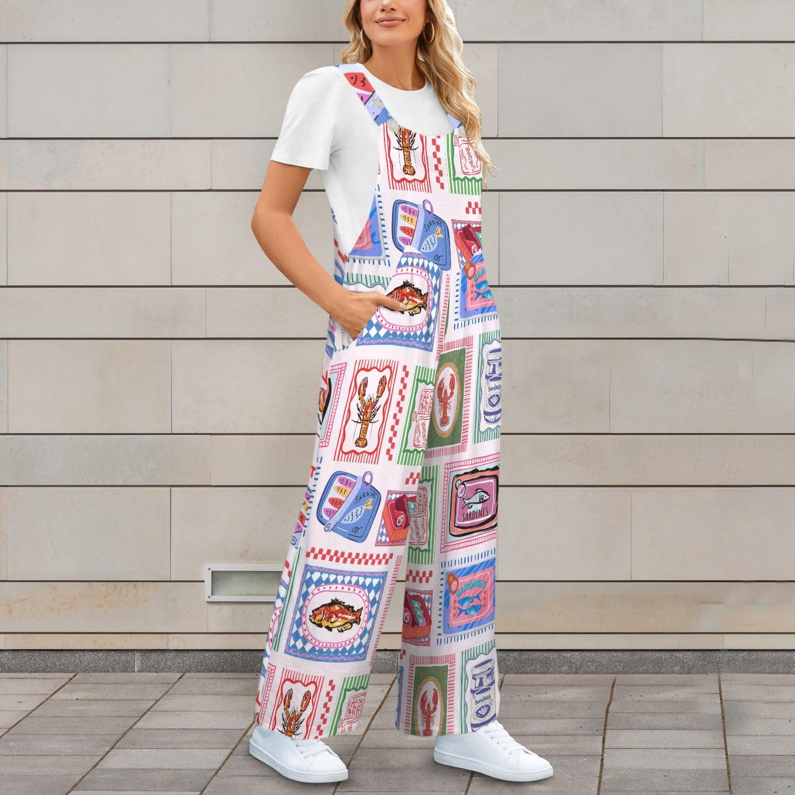 Sardine Tin Jumpsuit, Lobster Fish Print Wide Leg Overalls, Coastal Maximalist Clothing