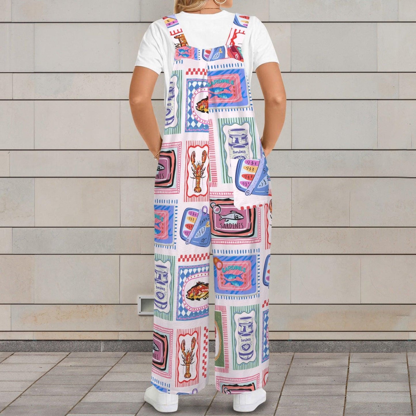 Sardine Tin Jumpsuit, Lobster Fish Print Wide Leg Overalls, Coastal Maximalist Clothing