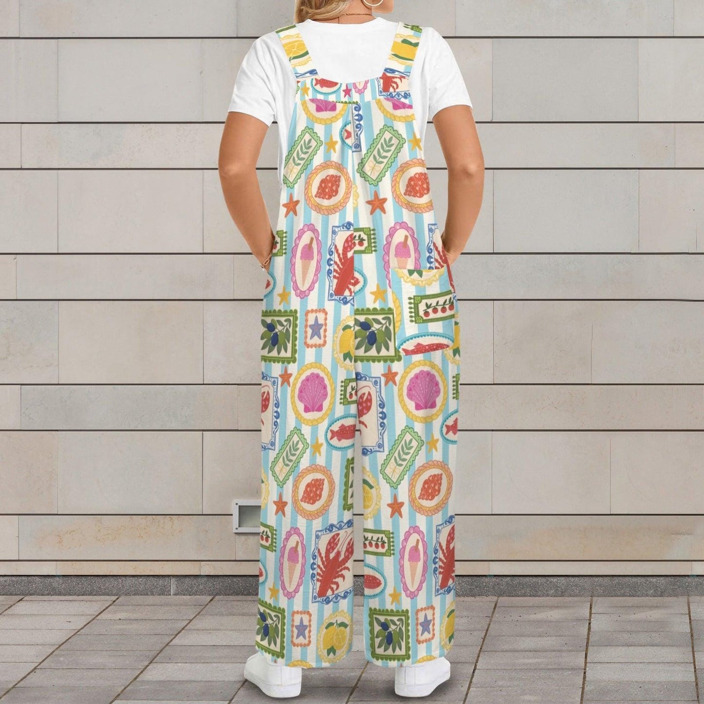 Seafood Stamp Wide Leg Jumpsuit, Colorful Coastal Vacation Romper, Lobster Lemon Shell Print