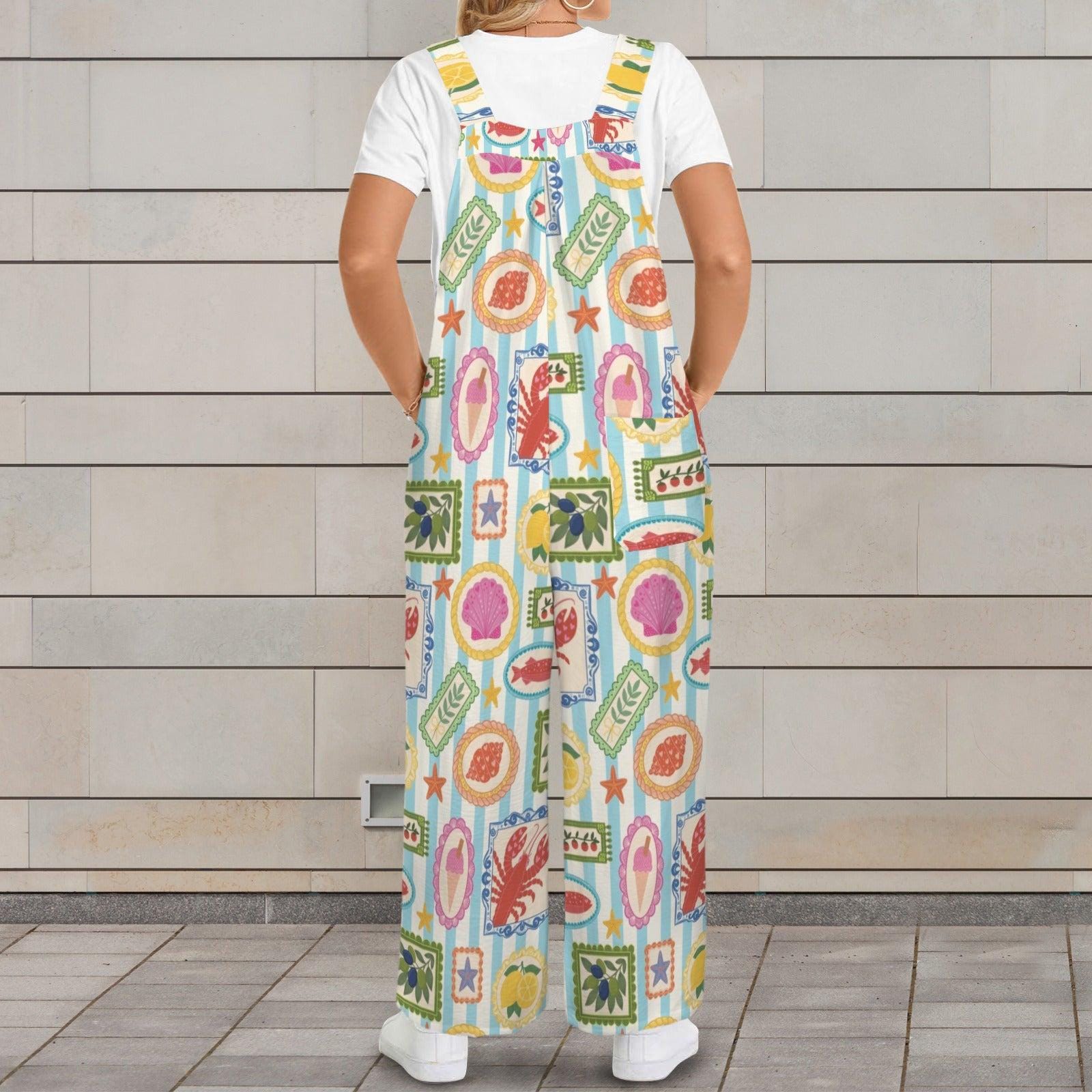 Seafood Stamp Wide Leg Jumpsuit, Colorful Coastal Vacation Romper, Lobster Lemon Shell Print