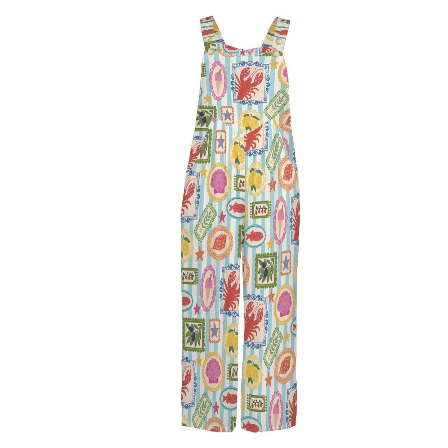 Seafood Stamp Wide Leg Jumpsuit, Colorful Coastal Vacation Romper, Lobster Lemon Shell Print