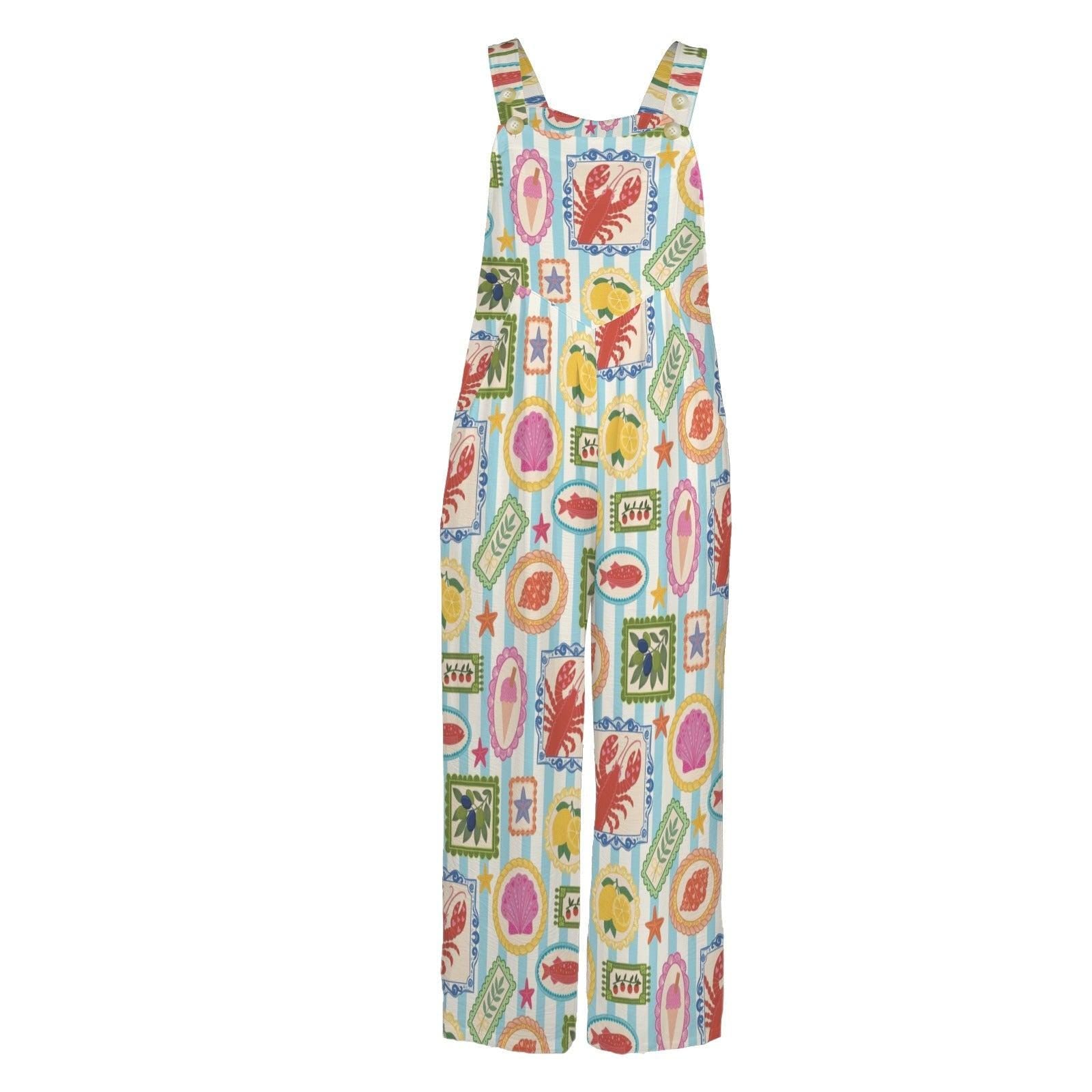 Seafood Stamp Wide Leg Jumpsuit, Colorful Coastal Vacation Romper, Lobster Lemon Shell Print